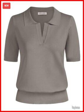 Women's V-Neck Short Sleeve Classic Polo Sweater Lightweight Knit